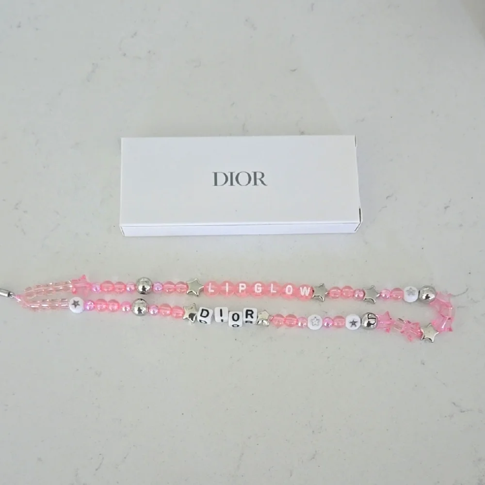 Brand New In Box Dior KEY CHARM PHONE CHARM TASSLE Pink Beaded Dior Logo &Stars